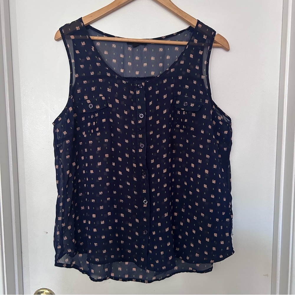 Navy Blue Sheer Sleeveless Button-Up Blouse XL